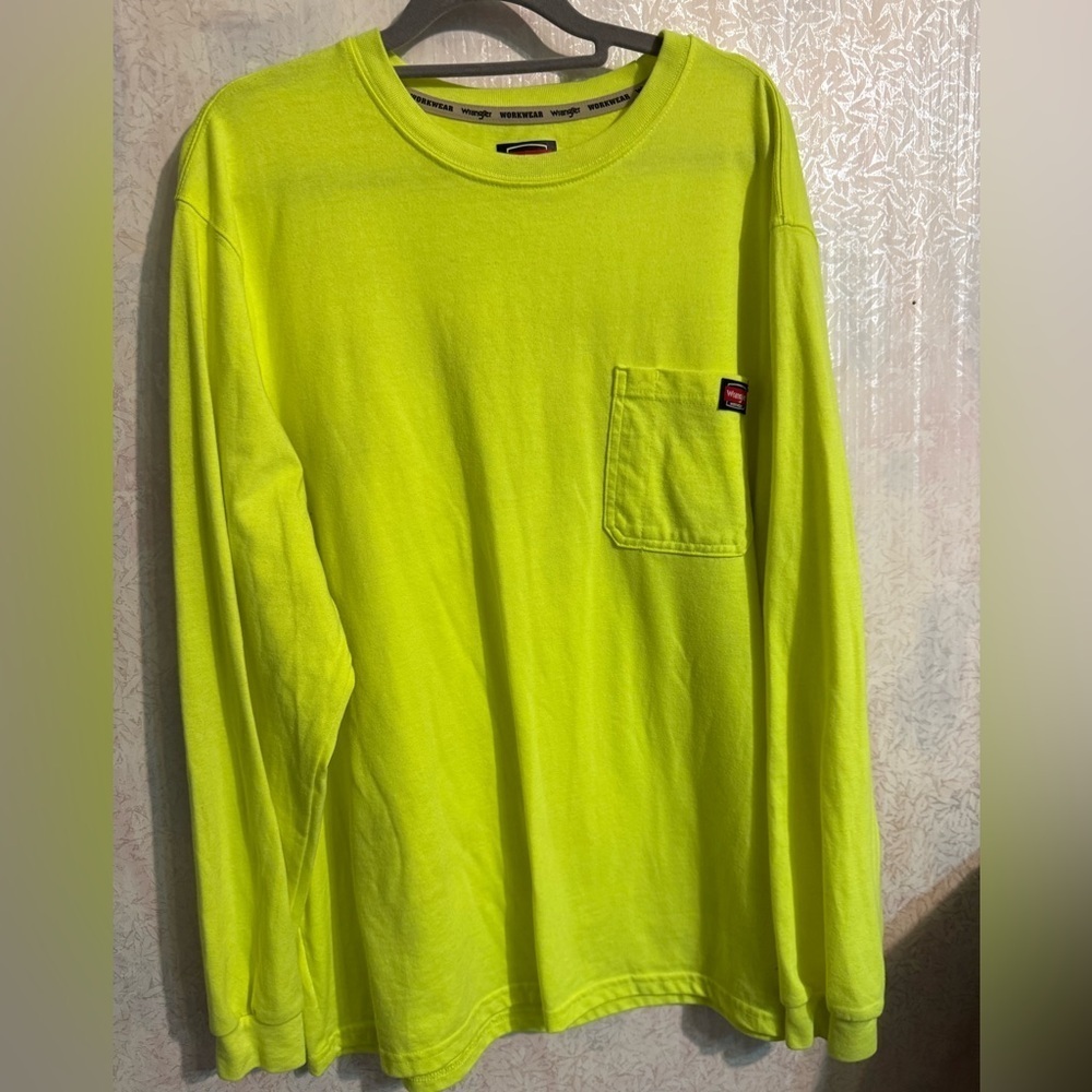 Wrangler Workwear Neon Green Long Sleeve Safety Tee, Poly/Cotton Blend, Sz XL